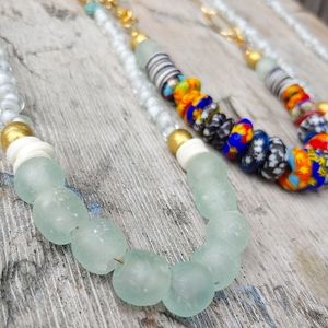 Frosted Pale Aqua Recycled African Beaded Necklace Artisan Made Issabeau Jewelry